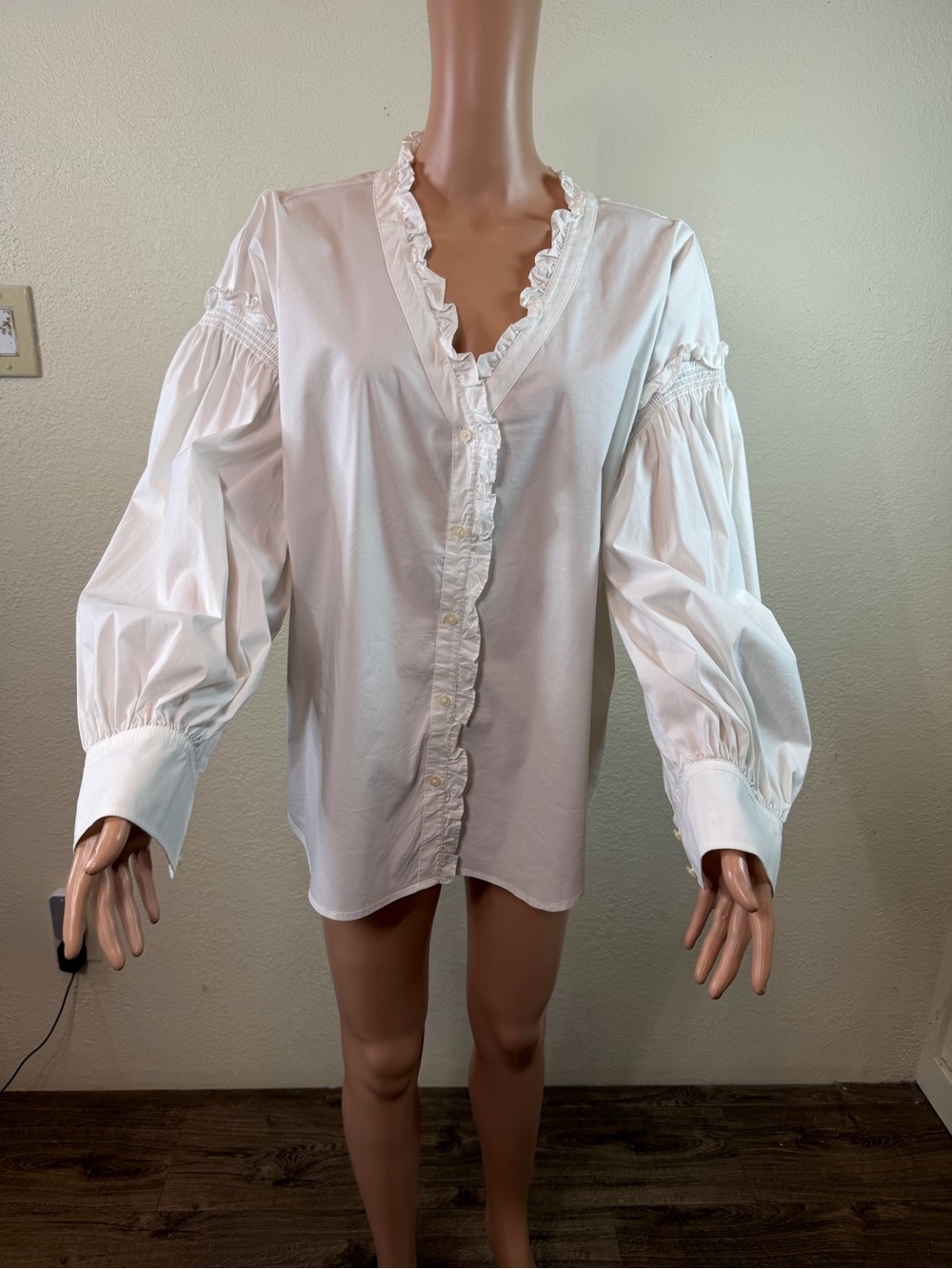 Lauren Ralph Lauren White Solid V-Neck Ruffle Button-Up Woven Cotton Blouse XL - Picture 2 of 12